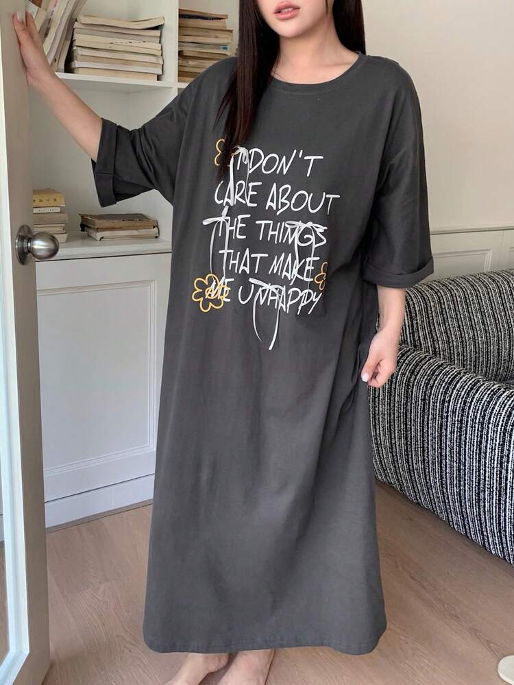 Dazy Plus Casual Letter Print Round Neck Straight Loose Short Sleeve Nightgown, Spring/Summer Sleepwear For Girls
