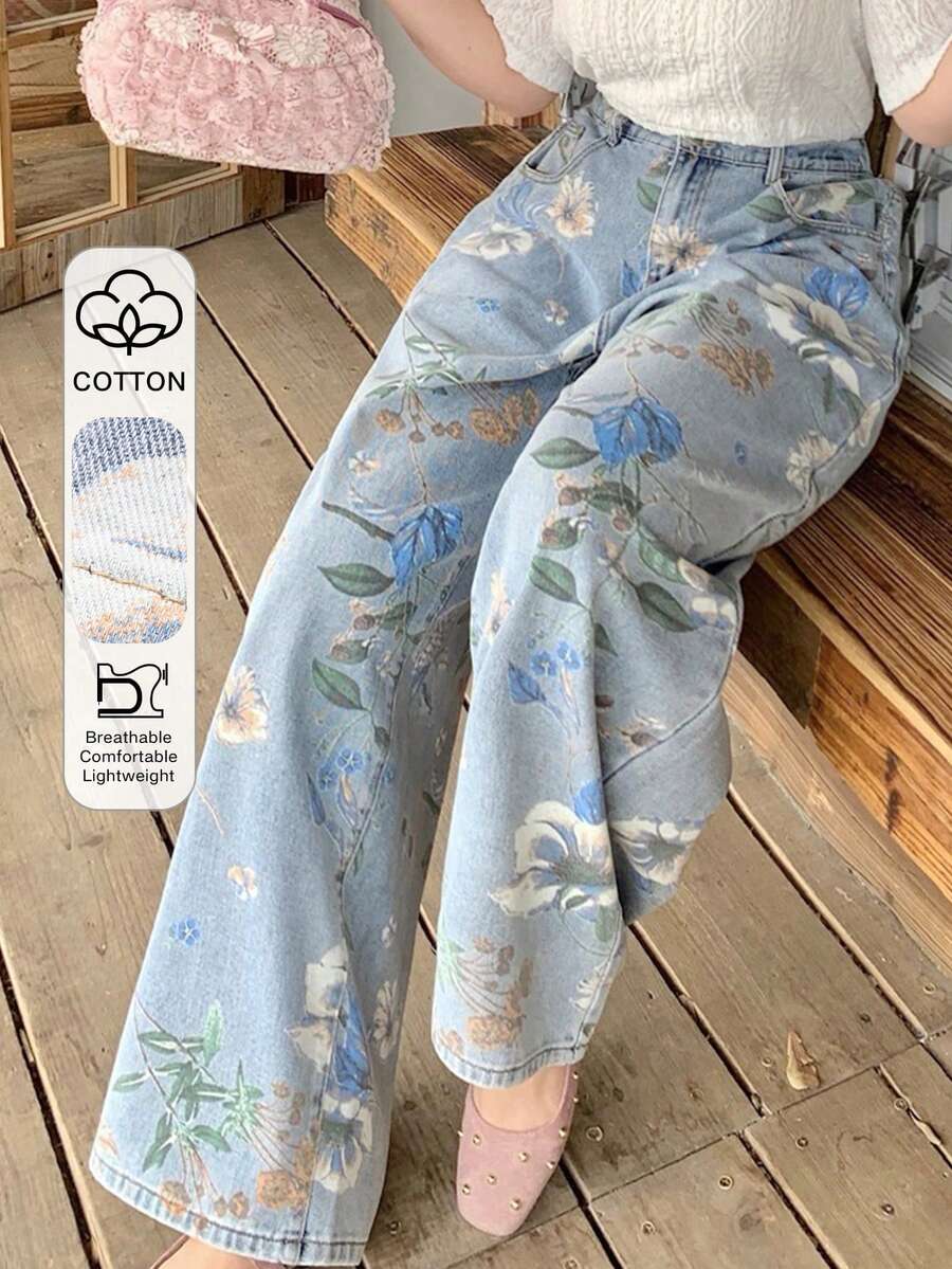 Dazy Plus 夏季印花直筒长款加大码女式牛仔裤 - 淺色水洗藍 - 查看 1