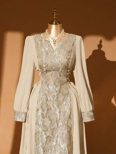 Rometta فستان ماكسي للنساء ذوات الحجم الكبير بياقة على شكل حرف V، قماش جاكار مزخرف بزهور ثلاثية الأبعاد، بأكمام واسعة وتصميم مشدود للخصر، مناسب للشاطئ والسفر والحفلات والمناسبات مثل عيد الحب وموسم الموسيقى وعيد الأم وعيد الهالوين وعيد الشكر وعيد الفصح والعيد الوطني ورأس السنة والمواعيد والأعراس وموسم الخريف/الشتاء