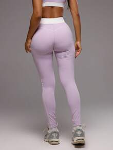 Musera Sport Contrast White Seam Waistband High Waist Active Leggings Only Sport Workout Gym Pilates Fitness Daily Girly Casual Hot Sweat - Purple - View 4