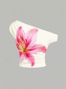 少女奶油白粉色花卉、芙蓉花印花、复古百合花图案不对称肩部T恤搭配褶皱修身半裙两件套度假装 - 彩色 - 查看 2