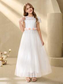 Girls' Elegant Flowing Embroidered Mesh Halter Waist Flared Midi Dress, Suitable For Weddings, Galas, Birthdays, Parties, All Seasons - White - View 7