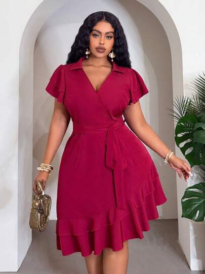 Slaydiva Đầm thanh lịch cổ chữ V thiết kế xoắn eo dành cho phụ nữ cỡ lớn