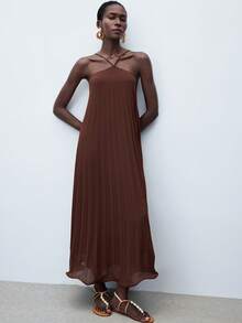 MAIJA 夏季沙滩印花褶皱荷叶边飘逸长裙 - 咖啡 - 查看 5