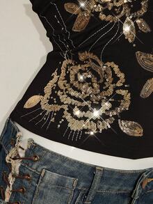 SHEIN ICON Áo hai dây mùa hè Y2K dành cho nữ, phong cách vintage boho, lấp lánh, thích hợp đi nghỉ mát, thêu hoa và đính sequin. - Đen và vàng - Xem 10