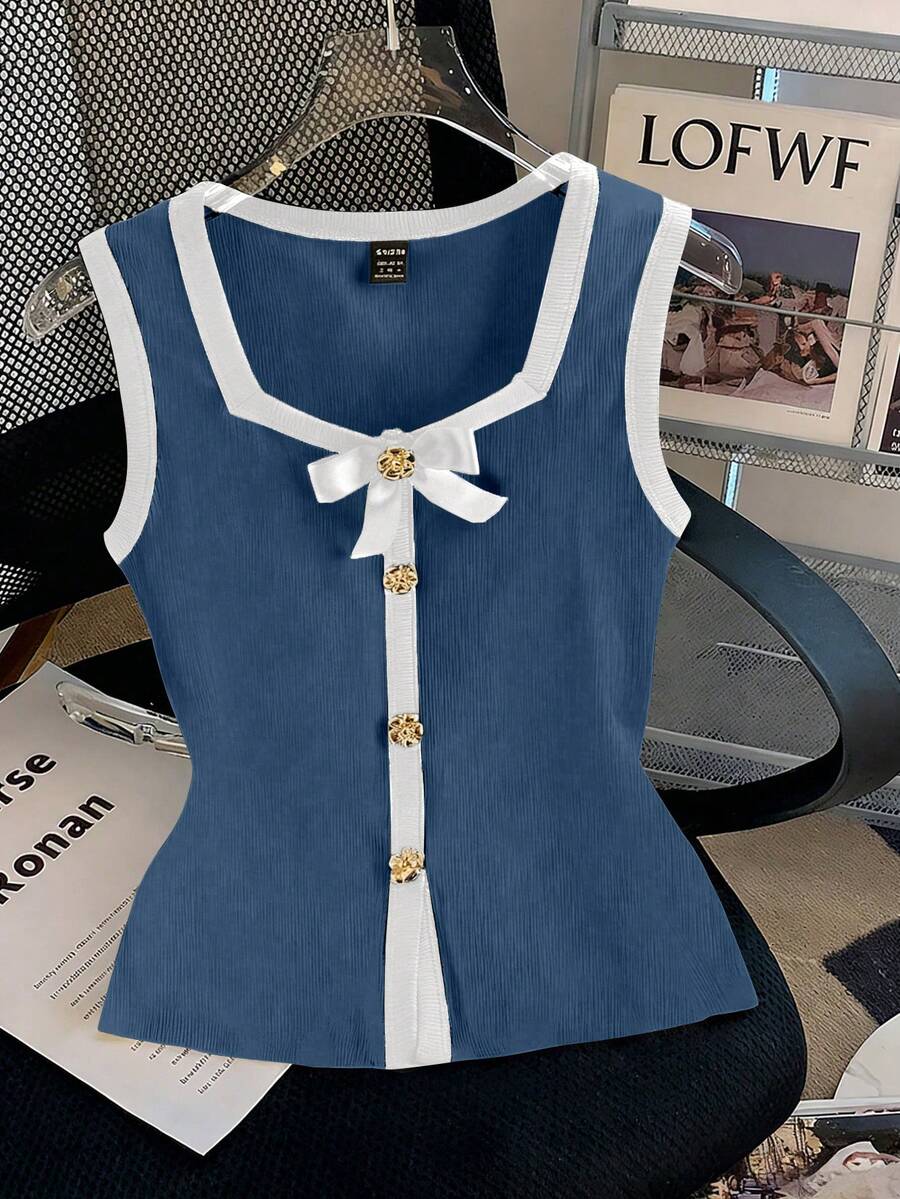 GlowEve Top sin mangas elegante y vintage de tela de punto con cuello cuadrado, contraste de color, lazo y botón metálico, adecuado para el Día de San Valentín, citas, uso diario, /verano - Multicolor - Ver 1