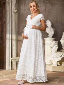 SHEIN Đầm bầu cổ chữ V tay ngắn thắt eo ren thanh lịch - trắng - Xem 3