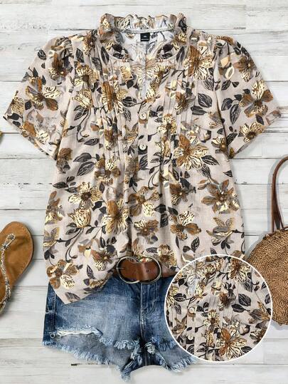 Franclia Plus Size Heart Print Fabric Ruffle Collar V-Neck Front Opening Puff Sleeve Short Sleeve Women Blouse, Suitable For Valentine's Day