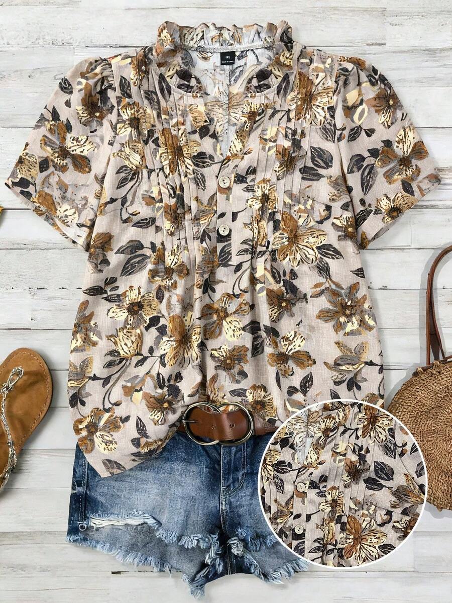 Franclia Plus Size Heart Print Fabric Ruffle Collar V-Neck Front Opening Puff Sleeve Short Sleeve Women Blouse, Suitable For Valentine's Day Summer Causal Tops Floral Blouses For Women Plus Size Summer Shirts Boho Tops Plus Size Casual Summer Outfits Women Outfit Ideas For Women Boho Outfit For Women Summer Outfits Women Summer Casual Tops - Multicolor - View 1