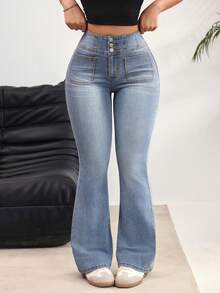 Rivivi Quần jeans nữ ống loe cạp cao, chất liệu denim mài, kiểu dáng thường ngày. - Rửa nhẹ - Xem 1