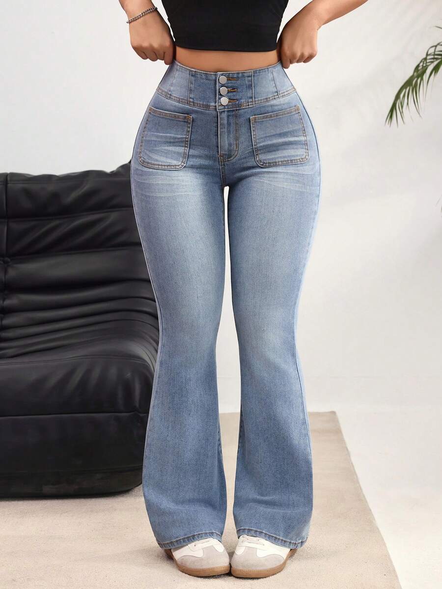 Rivivi Quần jeans nữ ống loe cạp cao, chất liệu denim mài, kiểu dáng thường ngày. - Rửa nhẹ - Xem 1
