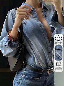 Livesso 春季休闲棉质牛仔夹克，做旧图案，翻领设计，女款 - 中等水洗藍 - 查看 1