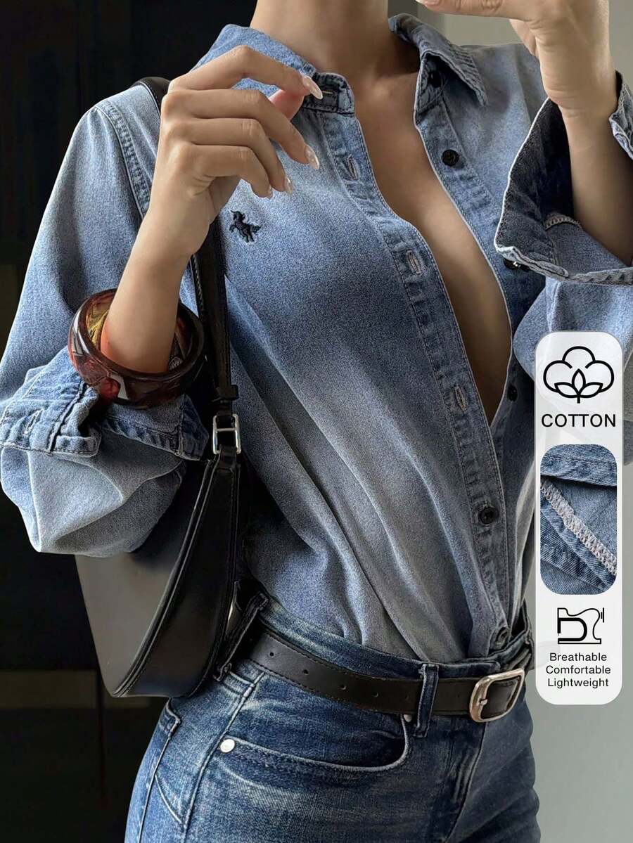 Livesso 春季休闲棉质牛仔夹克，做旧图案，翻领设计，女款 - 中等水洗藍 - 查看 1