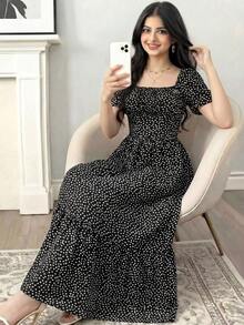 SHEIN 少女編織泡泡短袖連衣裙，小花紋，方領和褶皺 - 黑色 - 查看 3