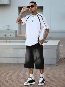 Devon Thys 男士口袋破洞阔腿宽松休闲牛仔短裤男士街头潮流牛仔裤外出都市休闲街头度假 - 黑色 - 查看 4