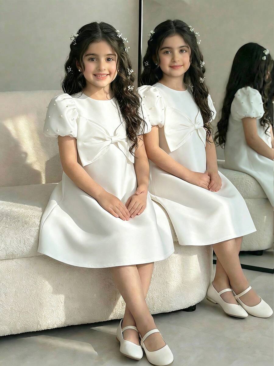 Elladie kids 夏季少女优雅奢华简约蝴蝶结装饰设计公主裙 - 白色 - 查看 1