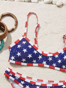 Swim Mod 2pcs/Set Women's Fashionable Cute Sexy Beach Outfit, Blue Base White Star Red Trim Crop Top And Triangle Bikini Swimwear, Suitable For Beach, Pool - Multicolor - View 4