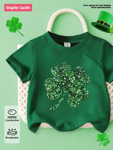 SHEIN GraphicGems St. Patrick's Day Glitter Four-Leaf Clover Pattern Pullover T-Shirt, Green Short Sleeve Crew Neck Casual Spring/Summer Tops, Machine Washable - Green - View 1
