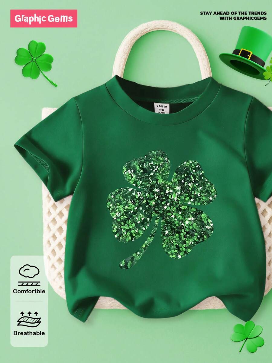 SHEIN GraphicGems St. Patrick's Day Glitter Four-Leaf Clover Pattern Pullover T-Shirt, Green Short Sleeve Crew Neck Casual Spring/Summer Tops, Machine Washable - Green - View 1