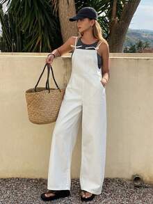 DAZY Bộ áo liền quần và yếm denim trắng buộc dây kiểu dáng thường ngày dành cho nữ, phong cách nghỉ dưỡng Y2K - trắng - Xem 5