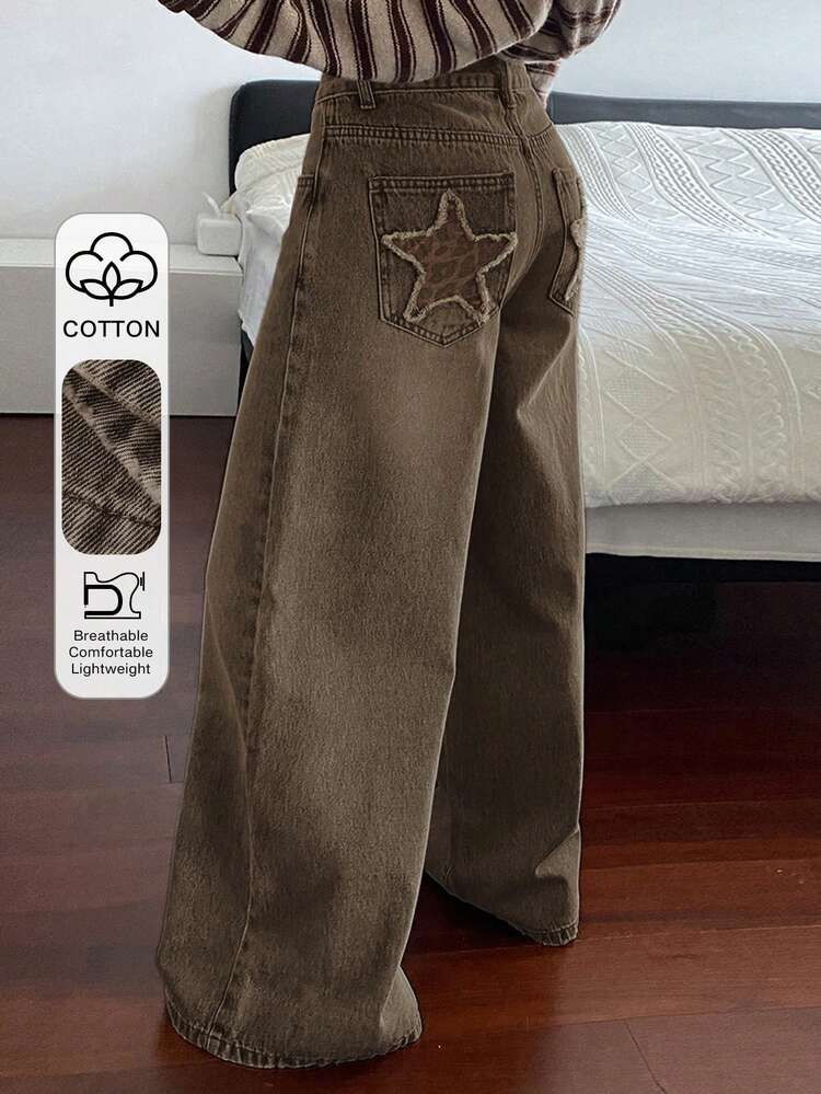 Women's Straight Leg Jeans With Star Pocket Decoration, Casual Street Style