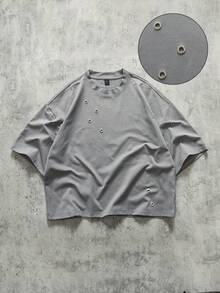 ROMWE MEN Áo thun nam dáng rộng, kiểu dáng thường ngày, có khoen kim loại, thích hợp cho mùa hè. - Xám - Xem 6