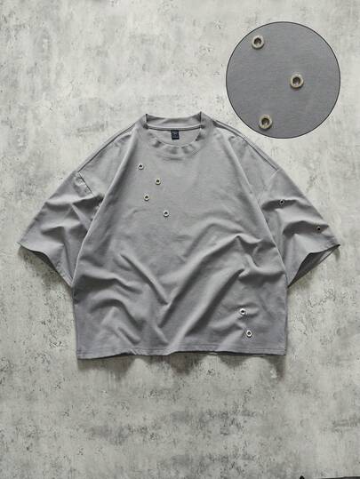 ROMWE MEN Áo thun nam dáng rộng, kiểu dáng thường ngày, có khoen kim loại, thích hợp cho mùa hè.