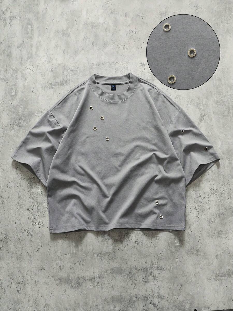 ROMWE MEN Áo thun nam dáng rộng, kiểu dáng thường ngày, có khoen kim loại, thích hợp cho mùa hè. - Xám - Xem 1