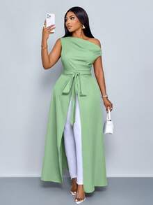 SOLERSUN 女士加大码不对称领口开衩大腿系带单肩衬衫 - 薄荷綠 - 查看 3