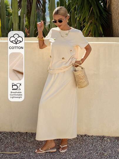 DAZY Women's Summer Casual Vacation Style Solid Color Sequin Round Neck T-Shirt And Split Hem Skirt 2-Piece Set, White