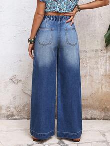 EMERY ROSE 女士度假休闲水洗阔腿牛仔裤 - 藍色 - 查看 2