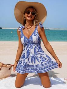 Swim Lushoire 2 Stücke Damen Badeanzug Kleid + Frühling/Sommer Strandoutfit, reif modisch retro romantisch elegant, Papagei blau & weiß Platzierung Muster, V-Ausschnitt verstellbare Träger, Bauch verdeckend, bohemian Strandclub Stil - Blau-Weiß - Übersicht 4