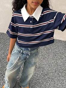 Tween Girls ' Spring/Summer Form-Fitting Striped Contrast Color Polo Neck T-Shirt - Blue - View 6