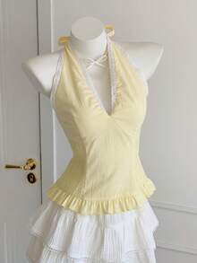 Comfortcana 女士纯棉黄色舒适项链系带撞色蕾丝荷叶边收腰荷叶边下摆上衣，2000 Y2K 优雅欧美风，韩版风格 2026 新款春夏时尚女装，适合海滩度假休闲穿着，浅黄色上衣，奶油黄上衣，黄色娃娃衫上衣，夏季上衣，黄色比基尼吊带上衣，黄色夏季上衣，女士夏季上衣 - 黃色 - 查看 6