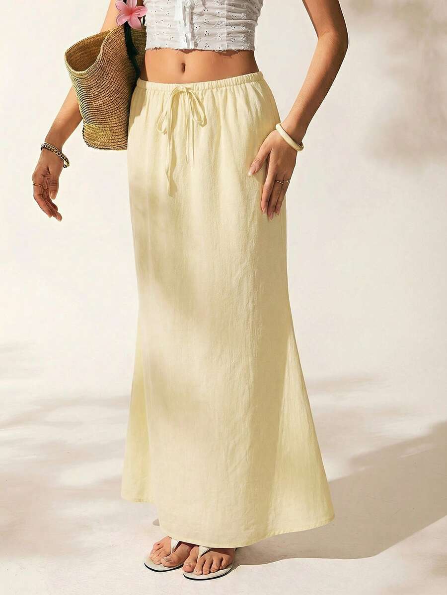 Easelle Women's Summer Solid Color Drawstring Waist Fish Tail Hem Skirt - Light Yellow - View 1