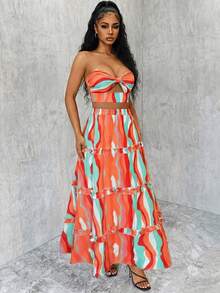 Eryvara Vacation Casual Colorful Print Hollow Lace-Up Backless Cropped Tube Top & Mini Skirt Set - Multicolor - View 4