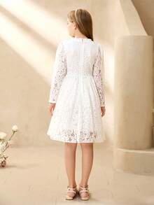 Tween Girl Ruffle Collar Floral Lace Long Sleeve Elegant Dress - White - View 2