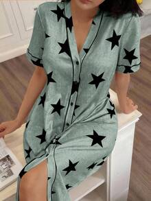 SHEIN 美国休闲星形印花V领短袖女士睡裙 - 彩色 - 查看 5
