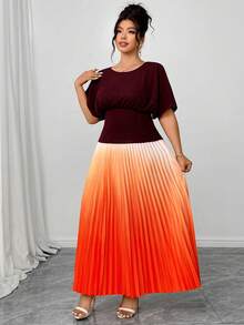 Elenzga Casual Plus Size Co-Ord For Women Boat Neck Batwing Sleeve Top And Pleated Gradient Skirt Outfit,Plus Size Women 2-Piece Set, Brown-Red Ombre Pleated Top And Ombre Skirt, Elegant For Parties, Commuting, Afternoon Tea - Multicolor - View 6