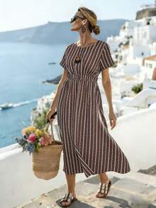 SHEIN LUNE CURVE Vestido plus size elegante e moderno, confortável, de alta qualidade, com decote redondo, cintura marcada, favorecedor, ideal para encontros e reuniões. - Castanho - Ver 1