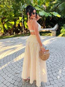 SHEIN SXY 条纹黄色不对称露腰休闲度假连衣裙，夏季，春季，度假，海滩，外出，休闲，夏日连衣裙，条纹，条纹长裙，长款太阳裙，夏季，春季，度假，海滩，伊比沙岛，漂亮穿搭，夏季穿搭，女士休闲连衣裙，女士夏季穿搭，女士夏季连衣裙 - 黃色 - 查看 2