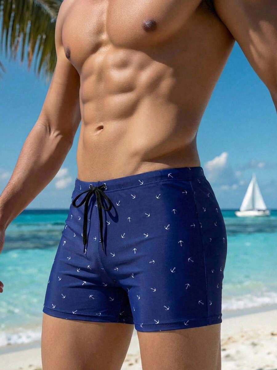 Manfinity Swimmode 男士锚图案沙滩泳裤，男士夏季泳装，男士度假泳装，男士沙滩装，皇家蓝泳裤，男士蓝色泳裤，男士泳衣 - 藏蓝色 - 查看 1
