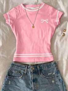 1件少女夏季新款甜美简约休闲印花T恤，双条纹印花，平面设计，百搭修身T恤，经典条纹蝴蝶结，日常穿着，学生装，户外休闲上衣 - 粉色 - 查看 3