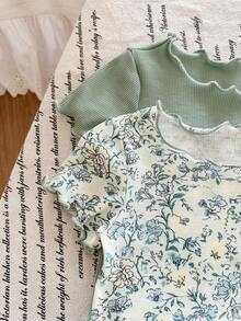 SHEIN LMoss Kids 4件套女婴碎花圆领短袖短裤针织睡衣套装 - 彩色 - 查看 6