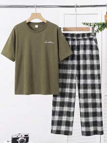 SHEIN Teen Boy Letter Print Short Sleeve Top & Plaid Pants Set - Multicolor - View 3