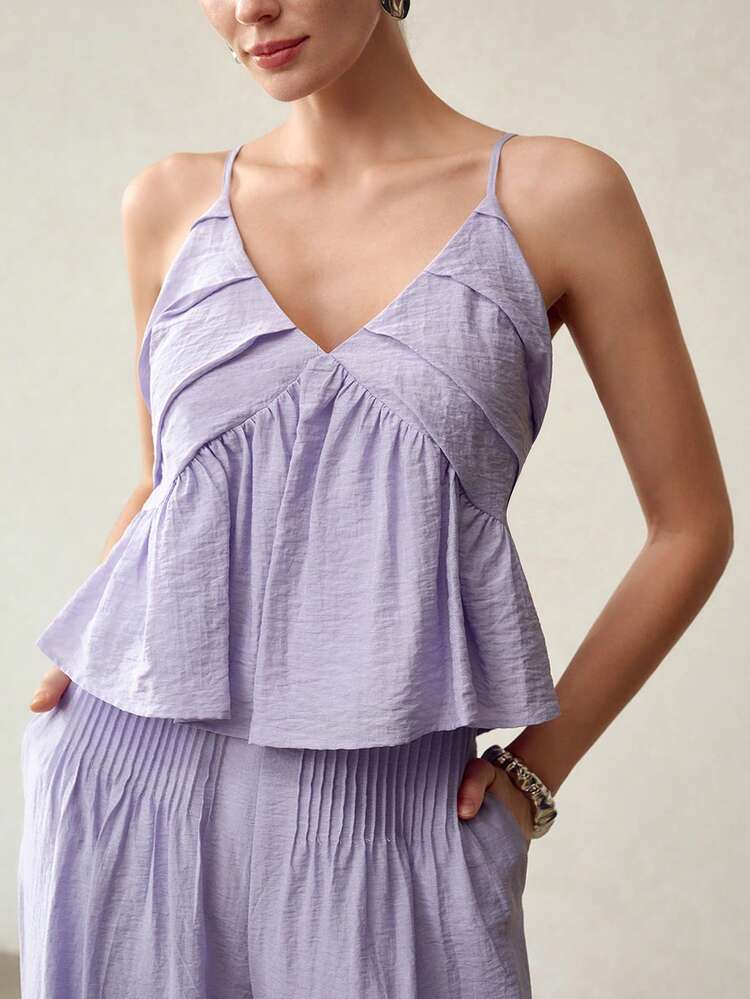 NEW ELEGANT FOLD PLEATED BABYDOLL CAMI TOP & HIGH WAIST WIDE LEG LINEN PANTS SET