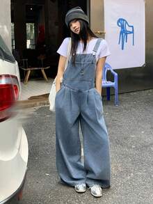 DAZY Quần yếm và áo liền quần denim dáng rộng, ống thẳng, phong cách thành thị dành cho nữ. - Rửa trung bình - Xem 6