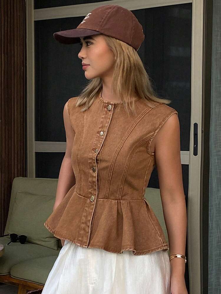 Women's Round Neck Sleeveless Waist Gathered A-Line Hem Elegant Casual Design Brown Denim Vest Jacket And Outerwear Summer