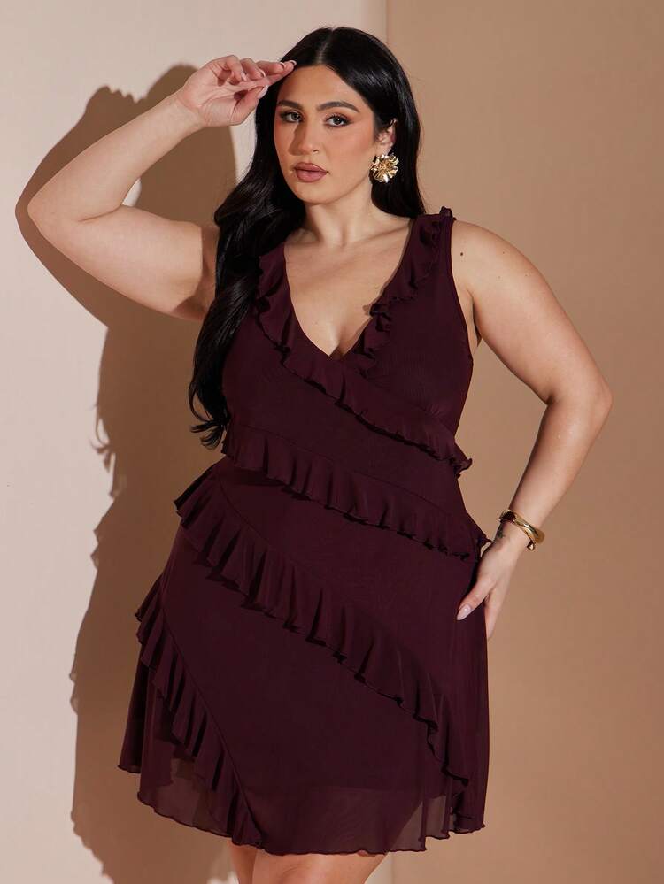 SHEIN BAE Vestido corto sin mangas con volantes en el bajo, de color marrón café, para mujer de talla grande. Vestido elegante para el Día de San Valentín. - Café integral - Añade 6