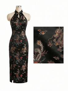 EastFlair 女士优雅龙凤印花高开衩修身中式旗袍连衣裙 - 黑色 - 查看 8